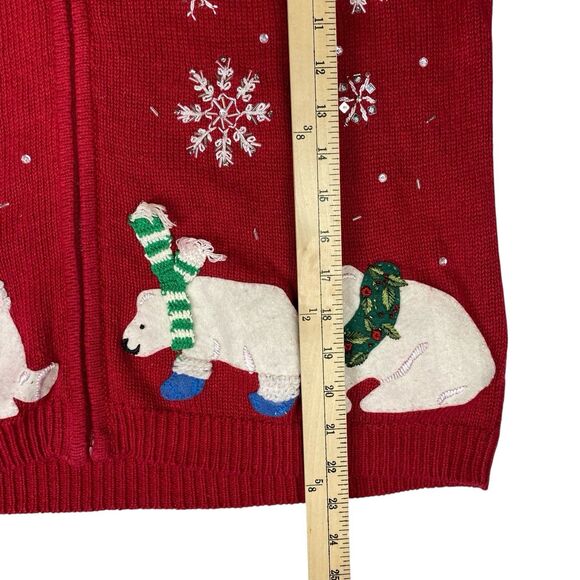 Heirloom Collectibles Polar Bear Snowflake Christmas Sweater L Red Faux Fur Zip - Picture 9 of 9